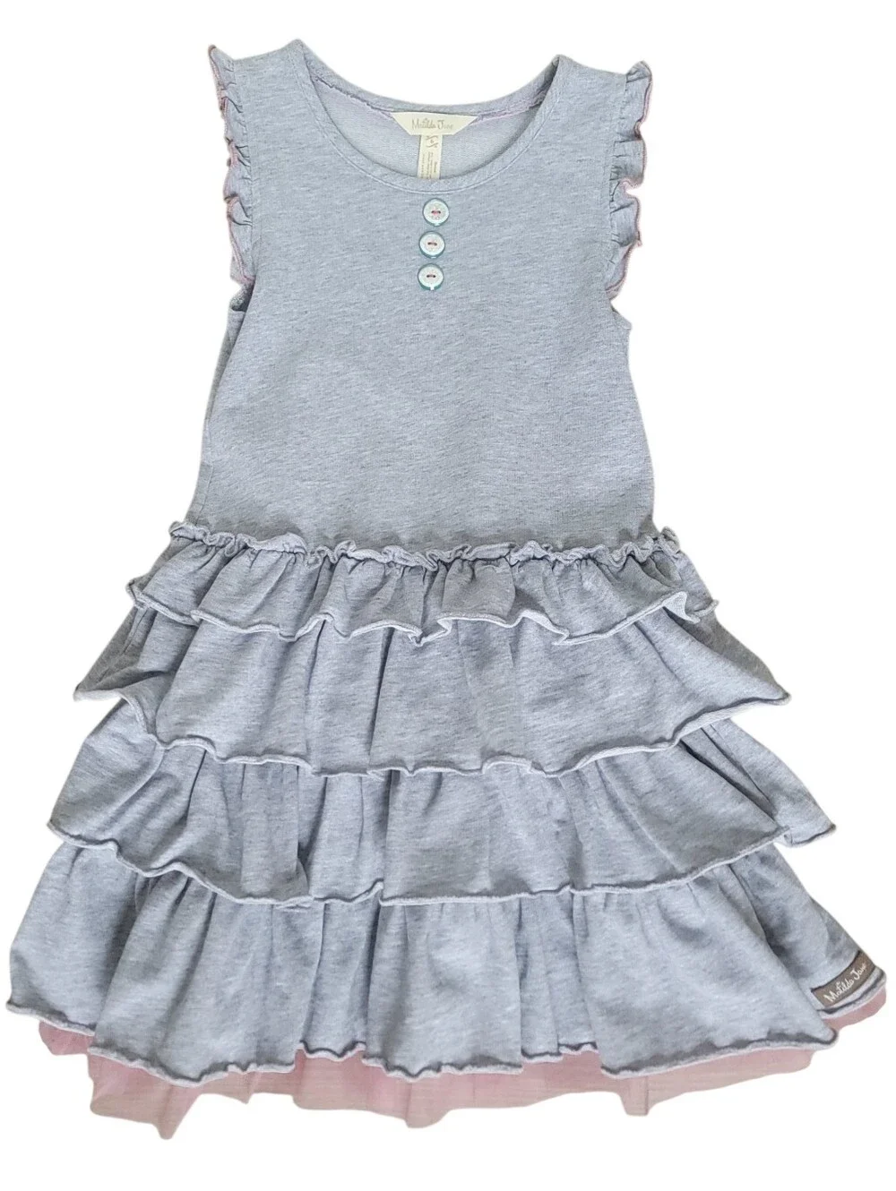 Matilda Jane Girls Pink Tulle Ruffle Twirl Gray Cotton Sleeveless Dress Size 6